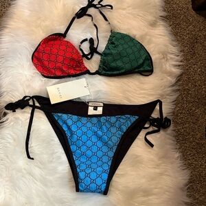 Gucci Tri-Color GG Logo Triangle Bikini - Red, Green & Light Blue